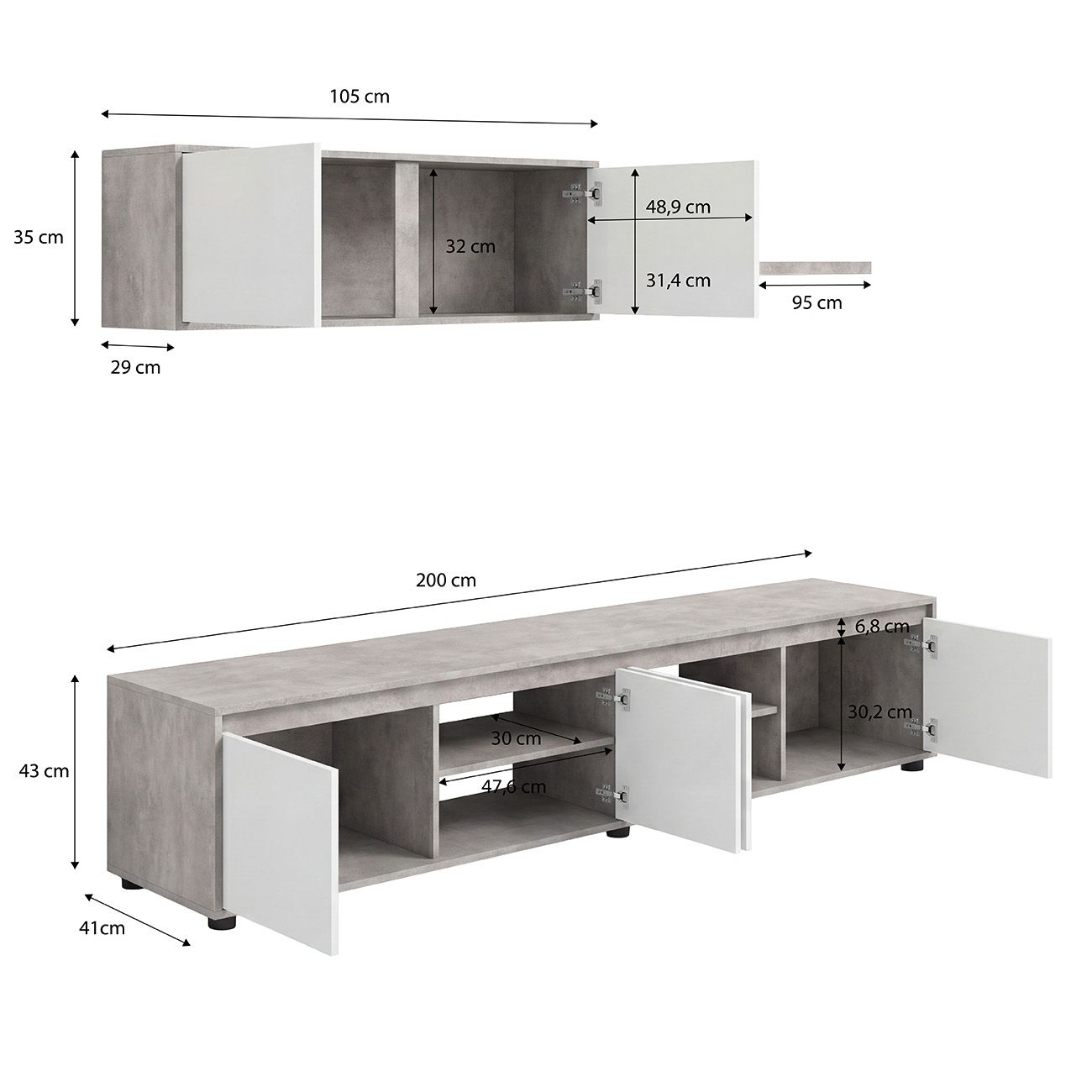 Diagrama dimensional de un mueble de TV y armario de pared gris y blanco con medidas.