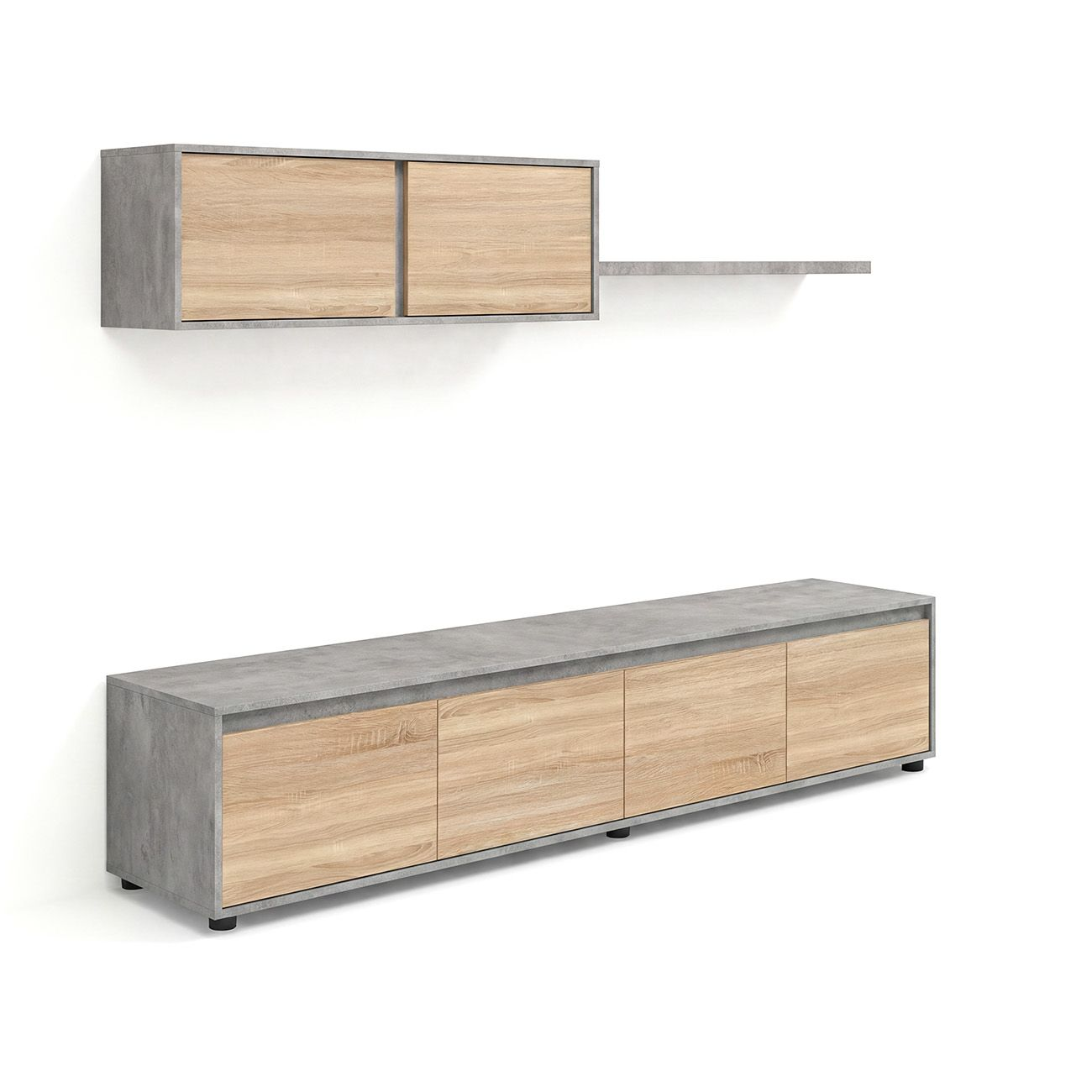 Moderno mueble de TV de pared con efecto hormigón gris y puertas de madera.