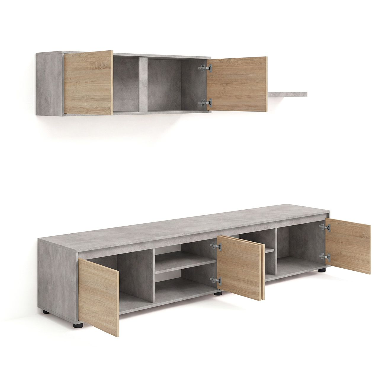 Muebles de pared y TV con acabado de hormigón y puertas de madera clara.