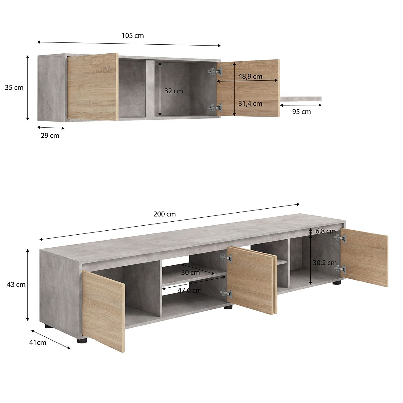 Diagrama de mueble de TV con cotas en cm, cuerpo gris y puertas de madera.