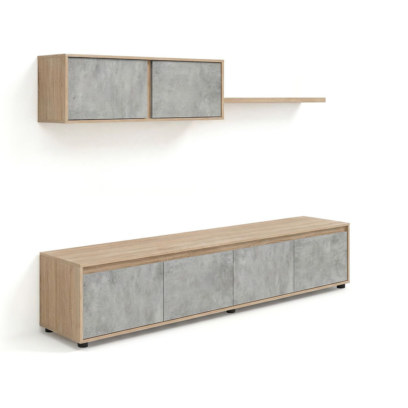 Moderno mueble de TV de madera con frentes grises.