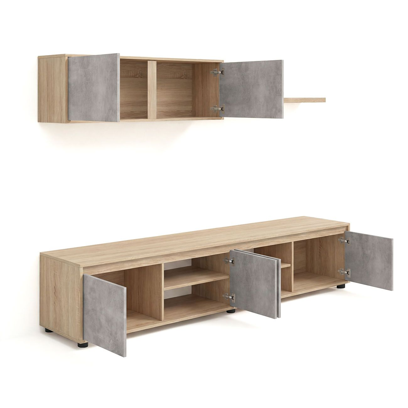 Un mueble de TV de madera con puertas de efecto cemento y un estante flotante sobre fondo blanco.