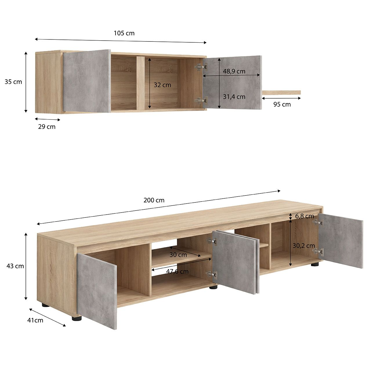 Diagrama de dos muebles de madera modernos con puertas grises y etiquetas de dimensiones.