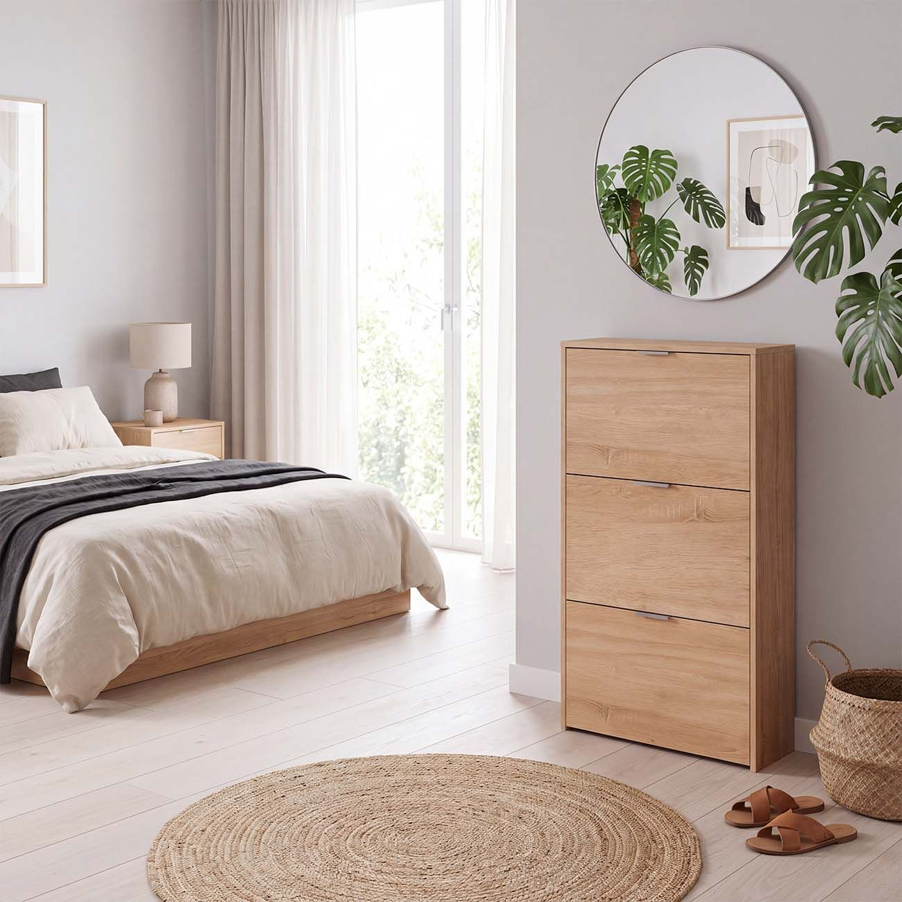Dormitorio con cama de madera, zapatero, espejo redondo, cesta de yute y sandalias.