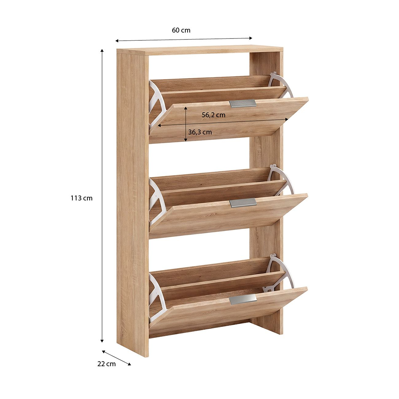 Zapatero de madera con tres cajones abatibles abiertos y medidas.