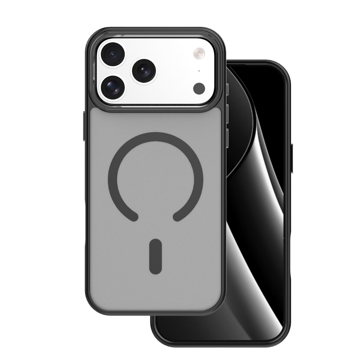 Eine schwarze Smartphone-Hülle mit MagSafe-Ring auf der grauen Rückseite und Aussparung für drei Kameras.
