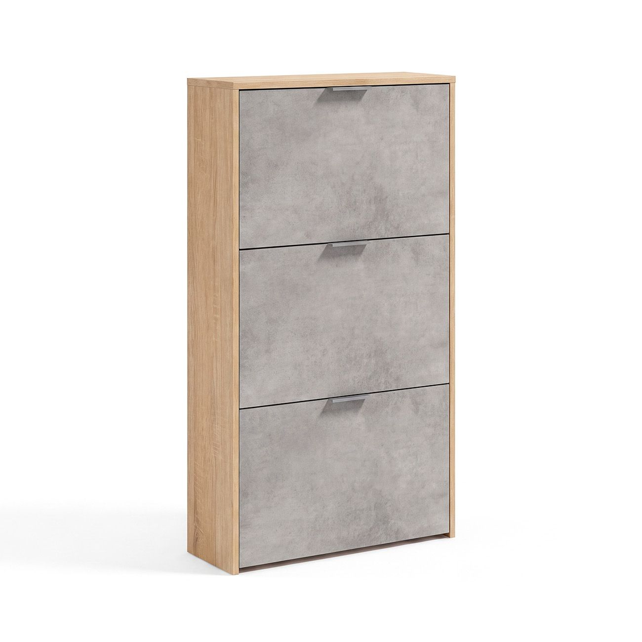 Zapatero con estructura de madera, tres puertas abatibles grises y pequeños tiradores plateados.