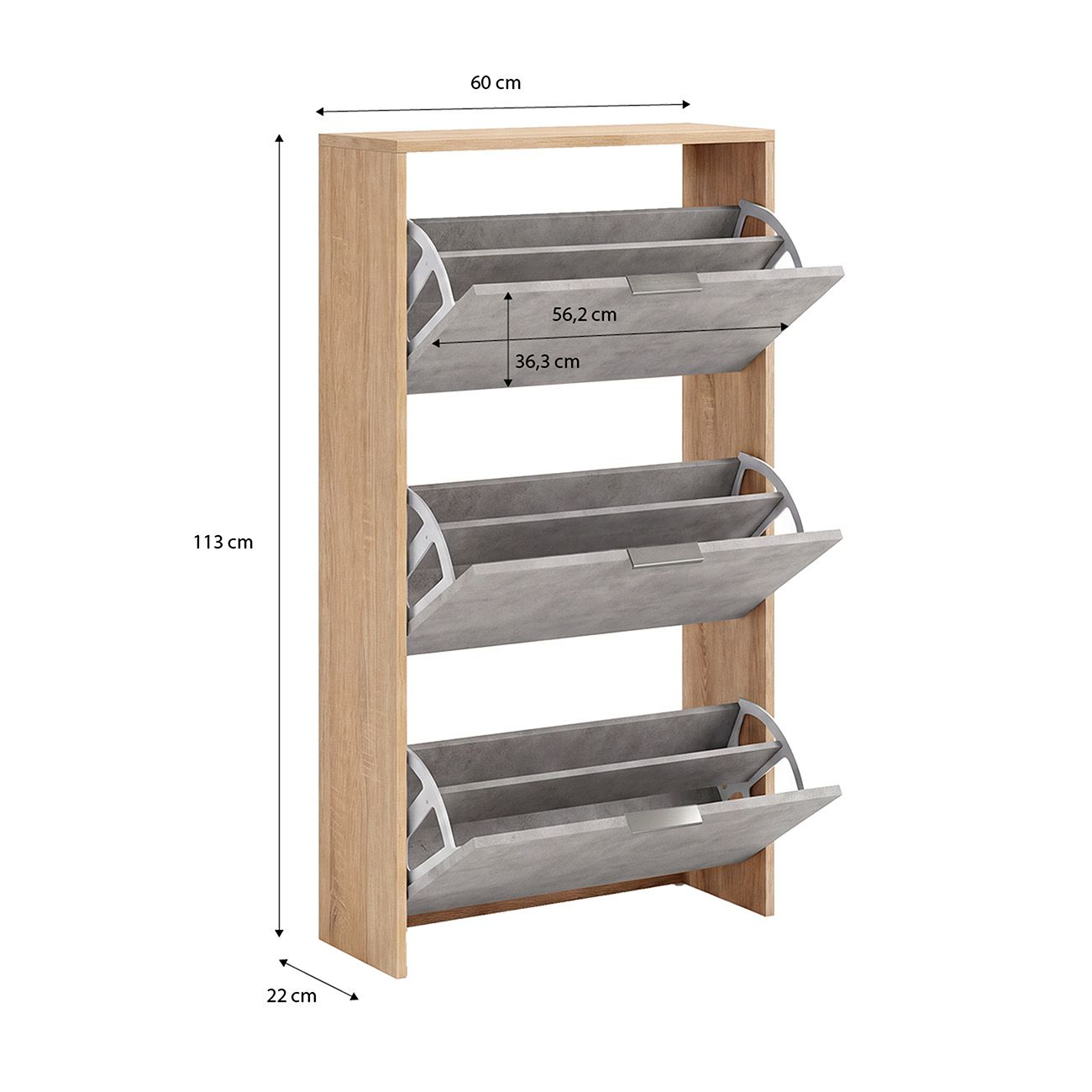 Zapatero de madera con tres compartimentos abatibles grises y medidas.