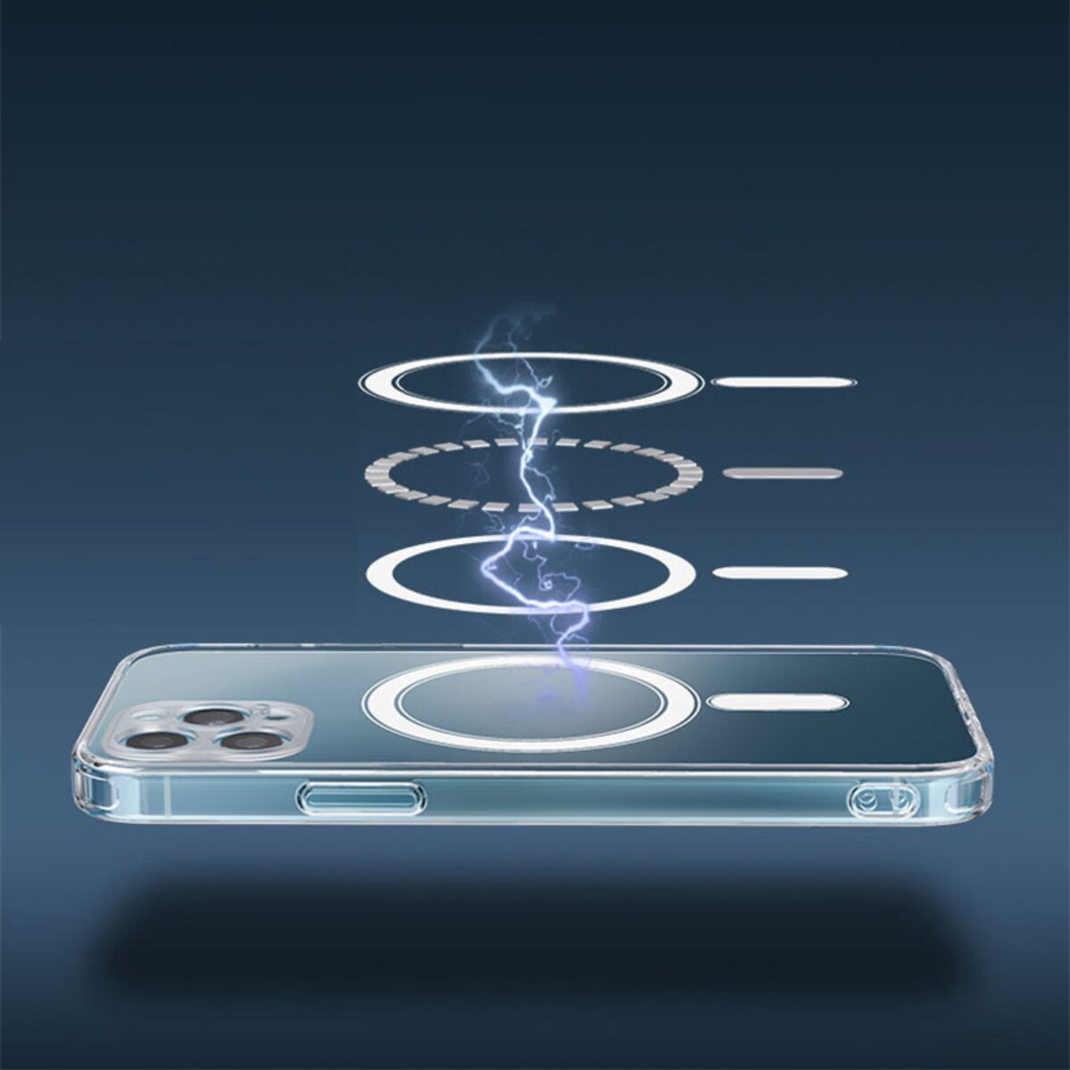 Transparente Handyschütze mit Magnetring und Blitzgrafik auf dunkelblauem Hintergrund.