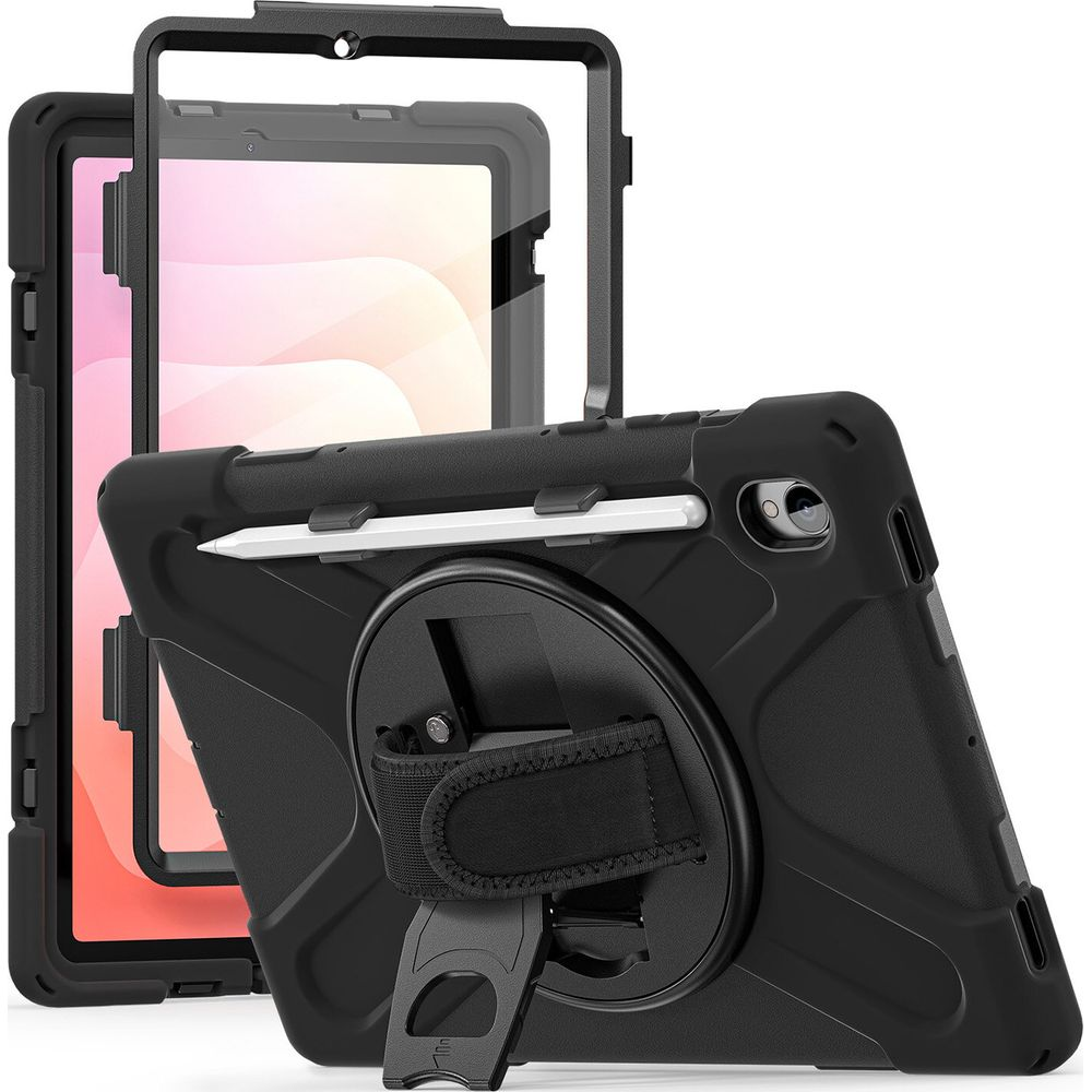 Schwarze Schutzhülle für Tablets mit integriertem Ständer und Stifthalter auf weißem Hintergrund.