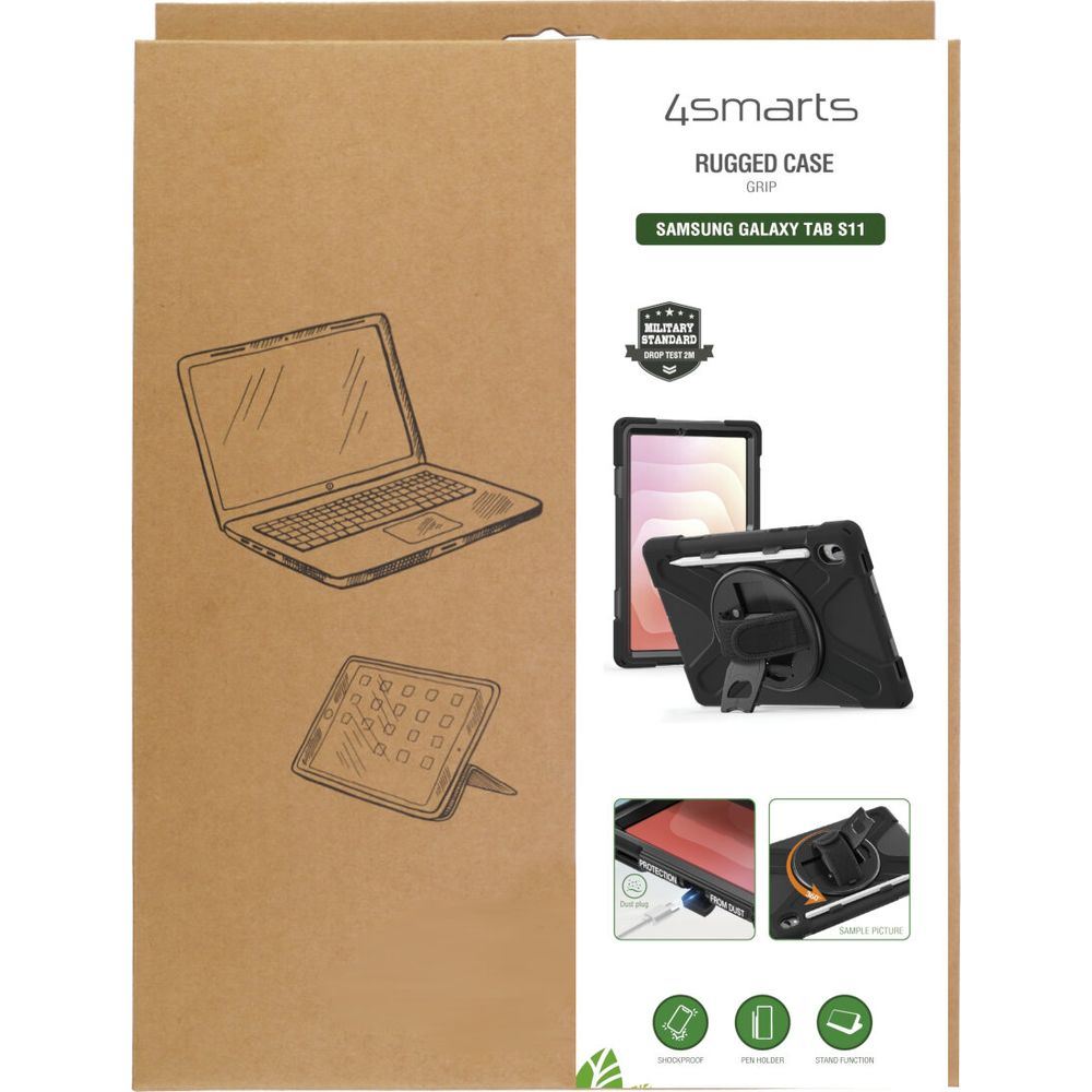 Verpackung der 4smarts Rugged Case Grip für Samsung Galaxy Tab S11 mit Produktabbildungen und Icons.