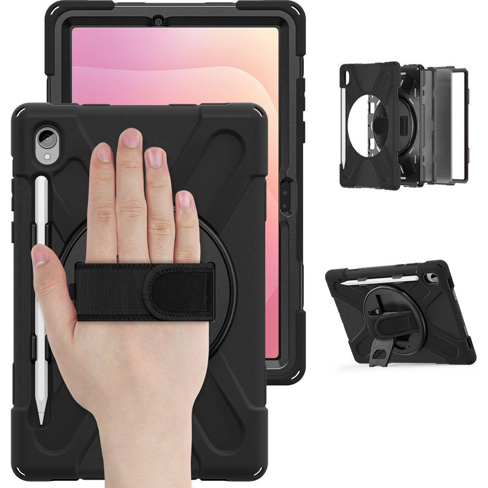 Eine Hand hält eine robuste schwarze Tablet-Hülle mit Handschlaufe und Stifthalter, aus mehreren Blickwinkeln.