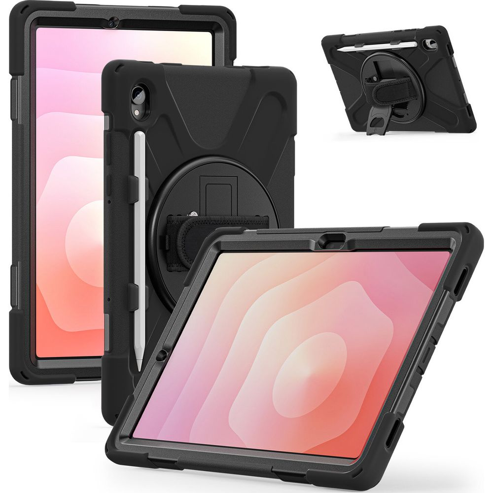 Schwarze Schutzhülle für Tablets mit integriertem Ständer, Griff und Stifthalter.