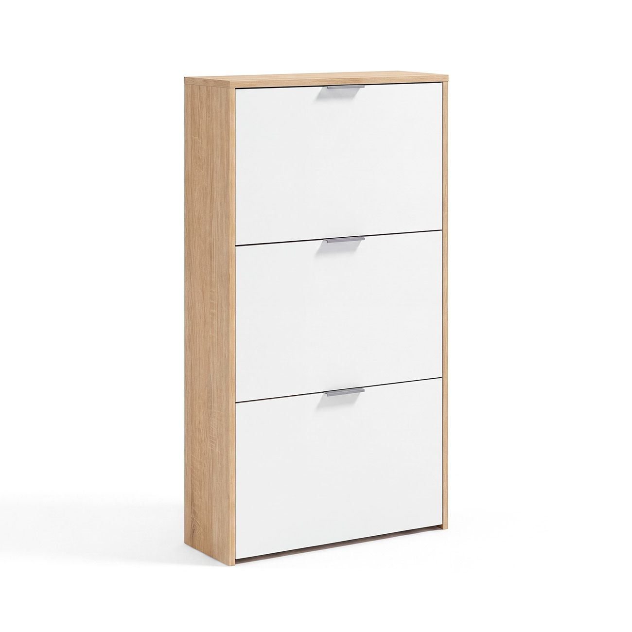 Zapatero de madera con tres puertas abatibles blancas y tiradores plateados sobre fondo blanco.