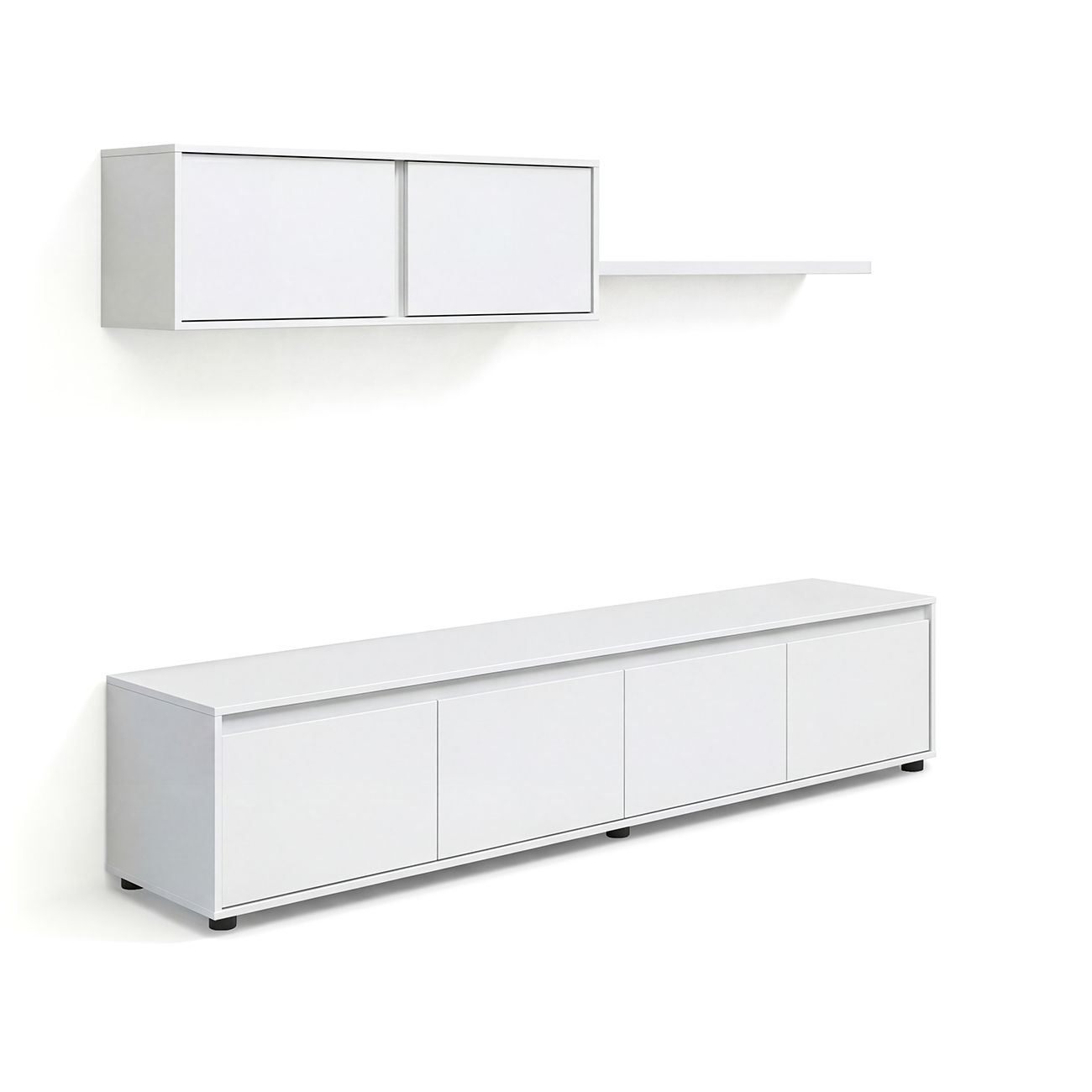 Mueble de pared blanco con puertas correderas, estante y mueble de TV largo abajo con patas negras.
