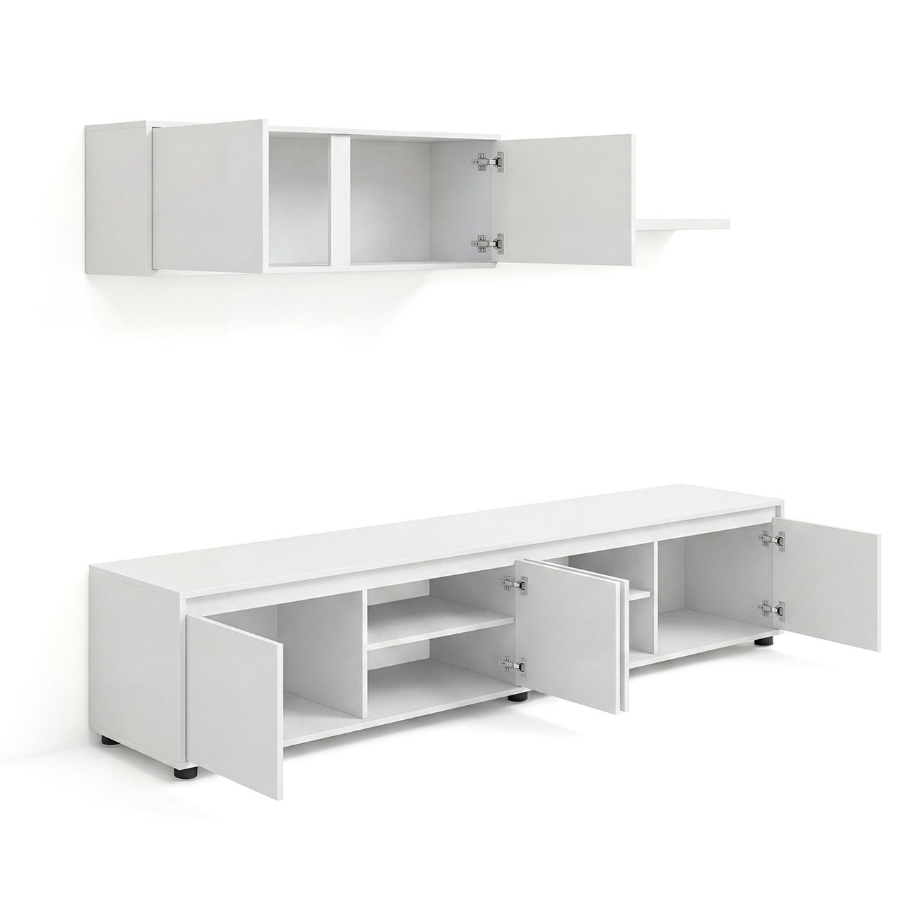 Moderno mueble de pared blanco con armario colgante y soporte para TV con puertas abiertas y compartimentos sobre fondo blanco.