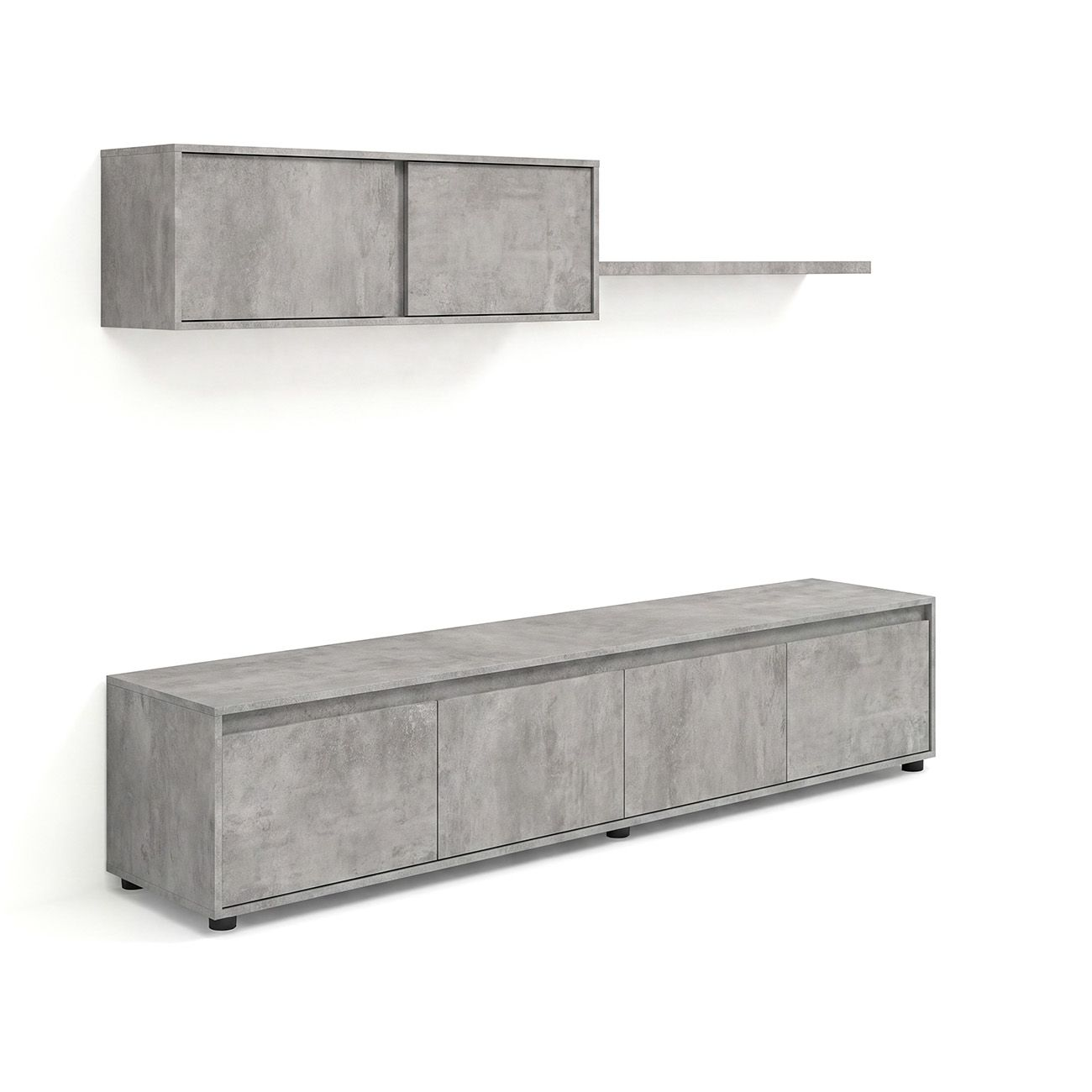 Un soporte para TV moderno con efecto hormigón, con un mueble de pared y estante a juego.