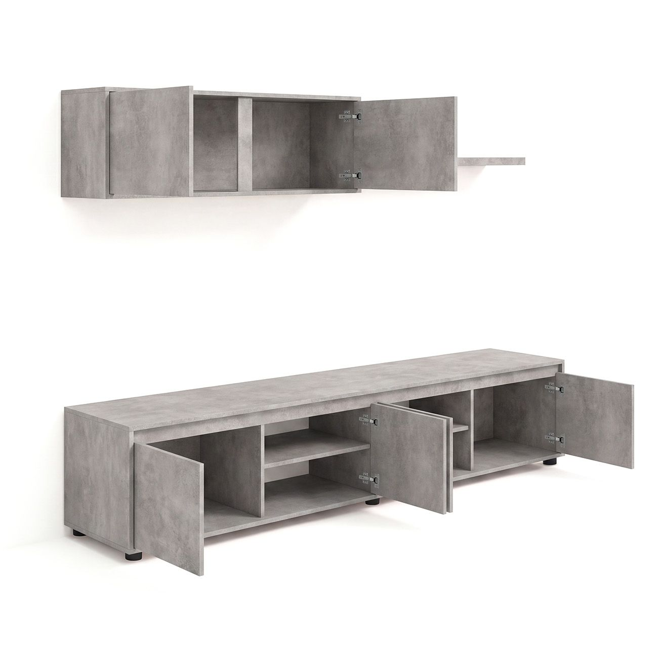 Mueble de pared y TV gris con estantes y puertas abiertas sobre fondo blanco.