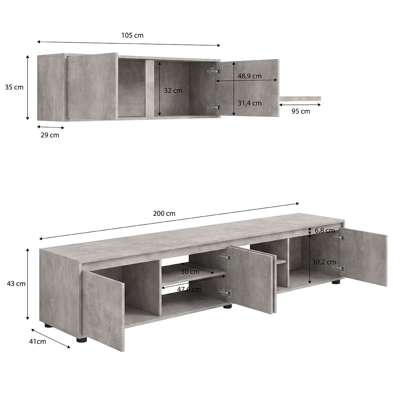 Mueble de TV gris y armario de pared con dimensiones, compartimentos abiertos y puertas abiertas sobre fondo blanco.