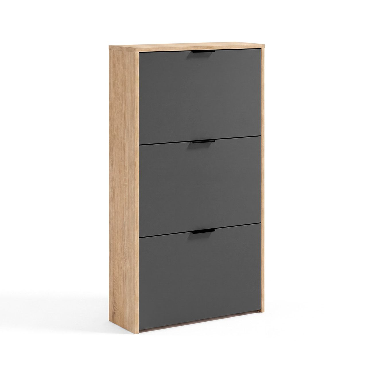 Moderno zapatero de madera con tres puertas abatibles grises y tiradores negros sobre fondo blanco.
