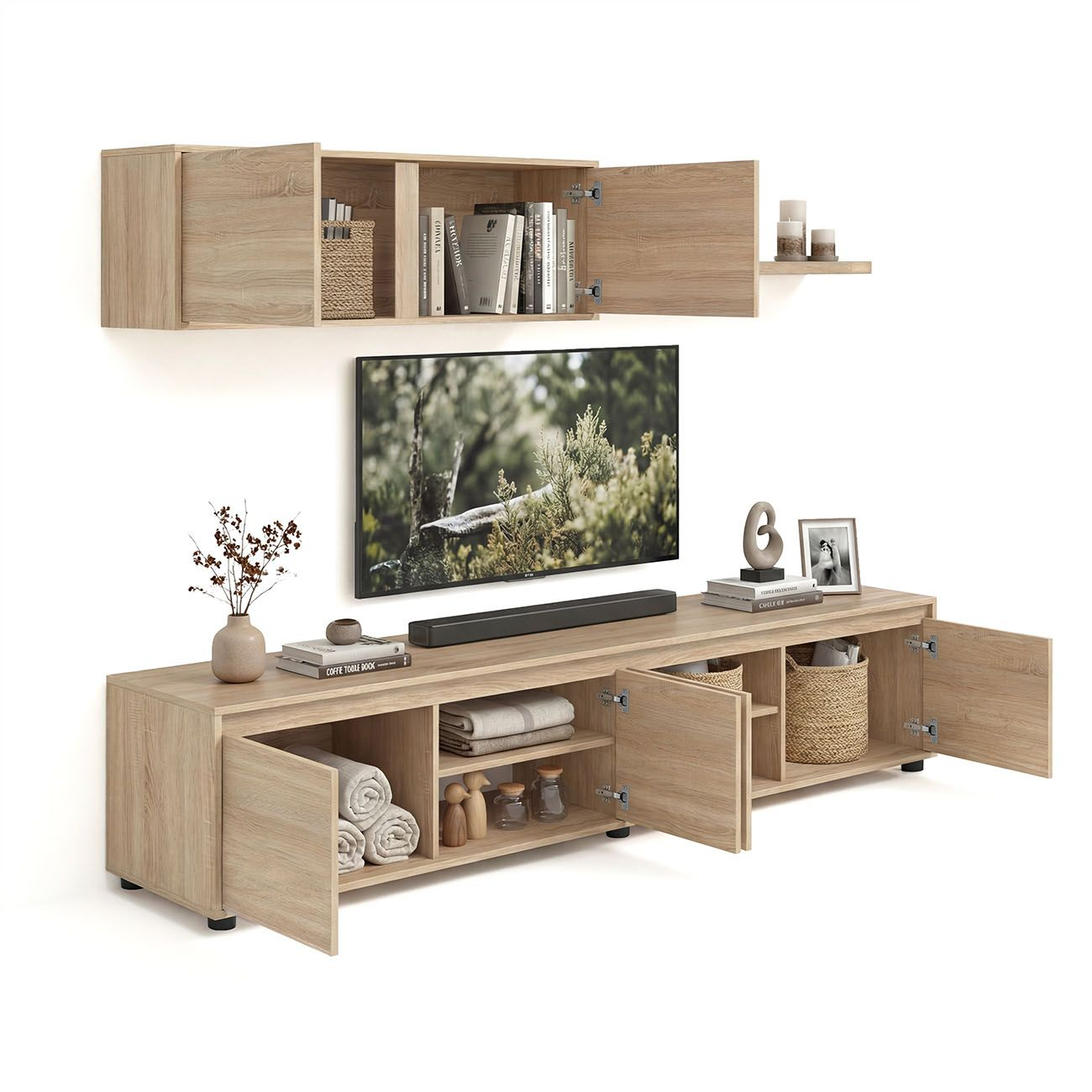 Mueble de TV de madera moderno con estante de pared, televisor y armarios abiertos.
