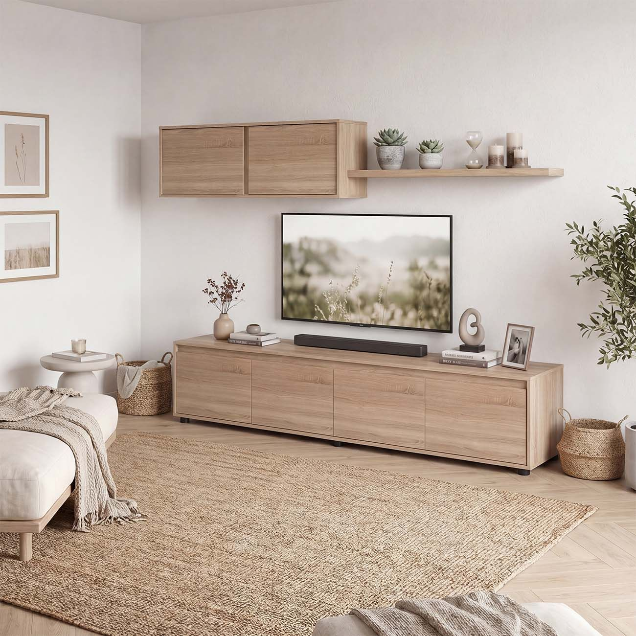 Mueble de TV de madera clara y armarios de pared en un salón luminoso con alfombra, plantas y sofá.