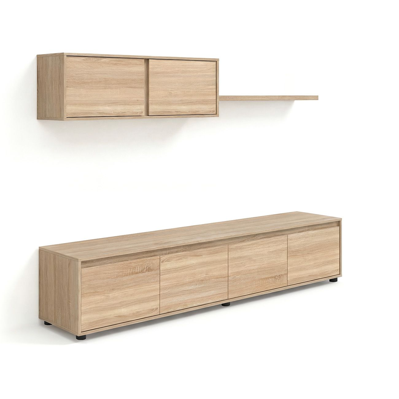 Muebles de salón de madera modernos con mueble de TV largo, armario colgante y estante sobre fondo blanco.