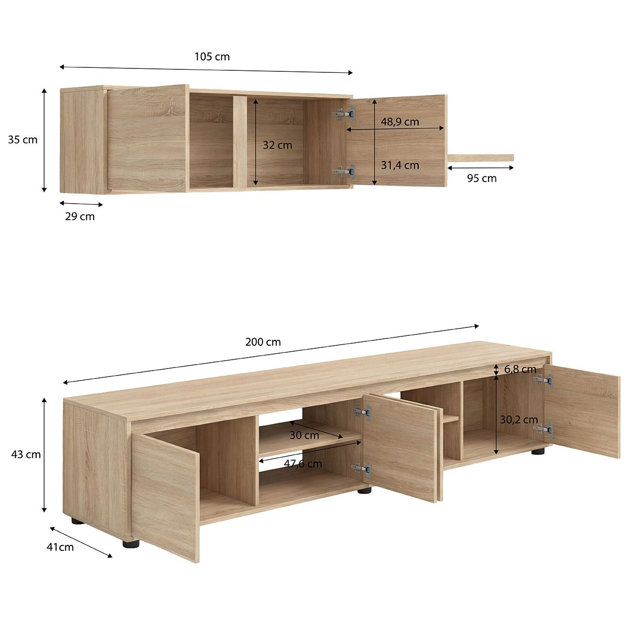 Muebles de color madera con compartimentos abiertos y cerrados, y medidas detalladas.
