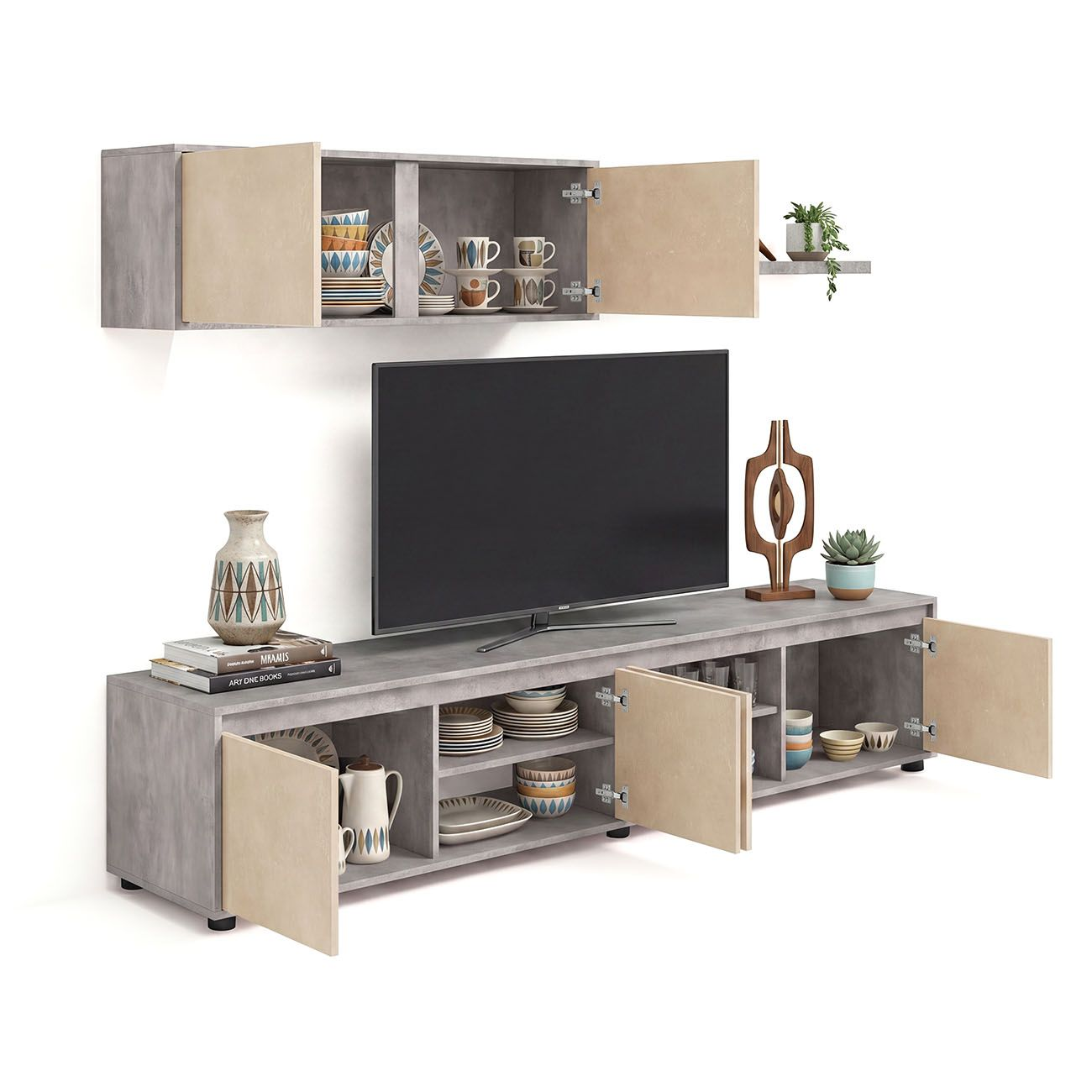 Conjunto de mueble de pared y TV en gris y madera con vajilla, libros y decoración.