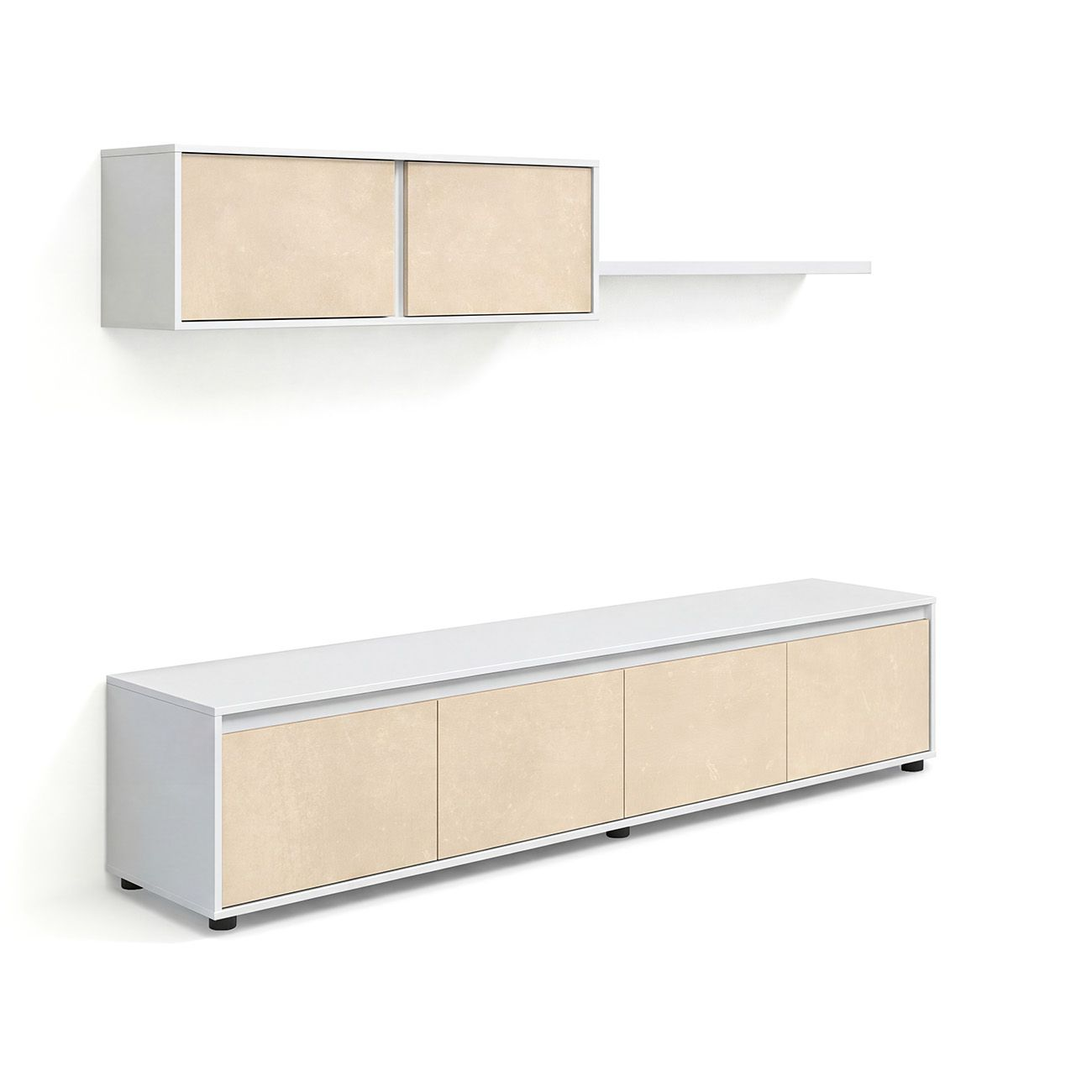 Moderna unidad de pared blanca con puertas de armario beis y un estante contra un fondo blanco.
