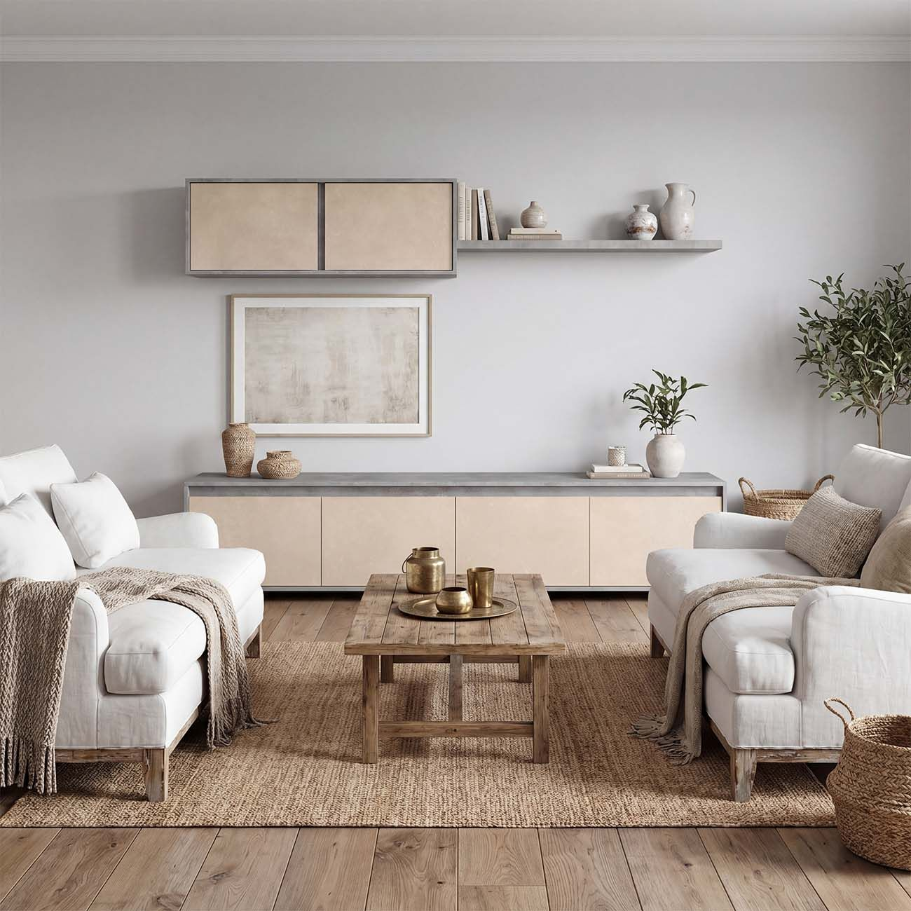 Una sala de estar minimalista con sofás blancos, mesa de centro de madera, gabinetes y decoración en una alfombra de yute.