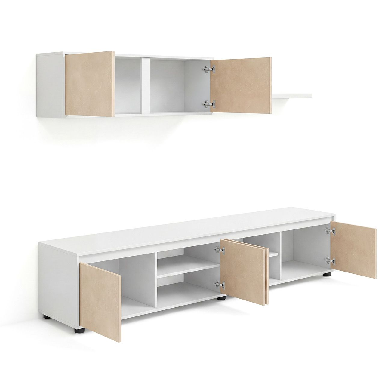Un armario de pared blanco y un mueble de TV largo con puertas de madera clara sobre fondo blanco.