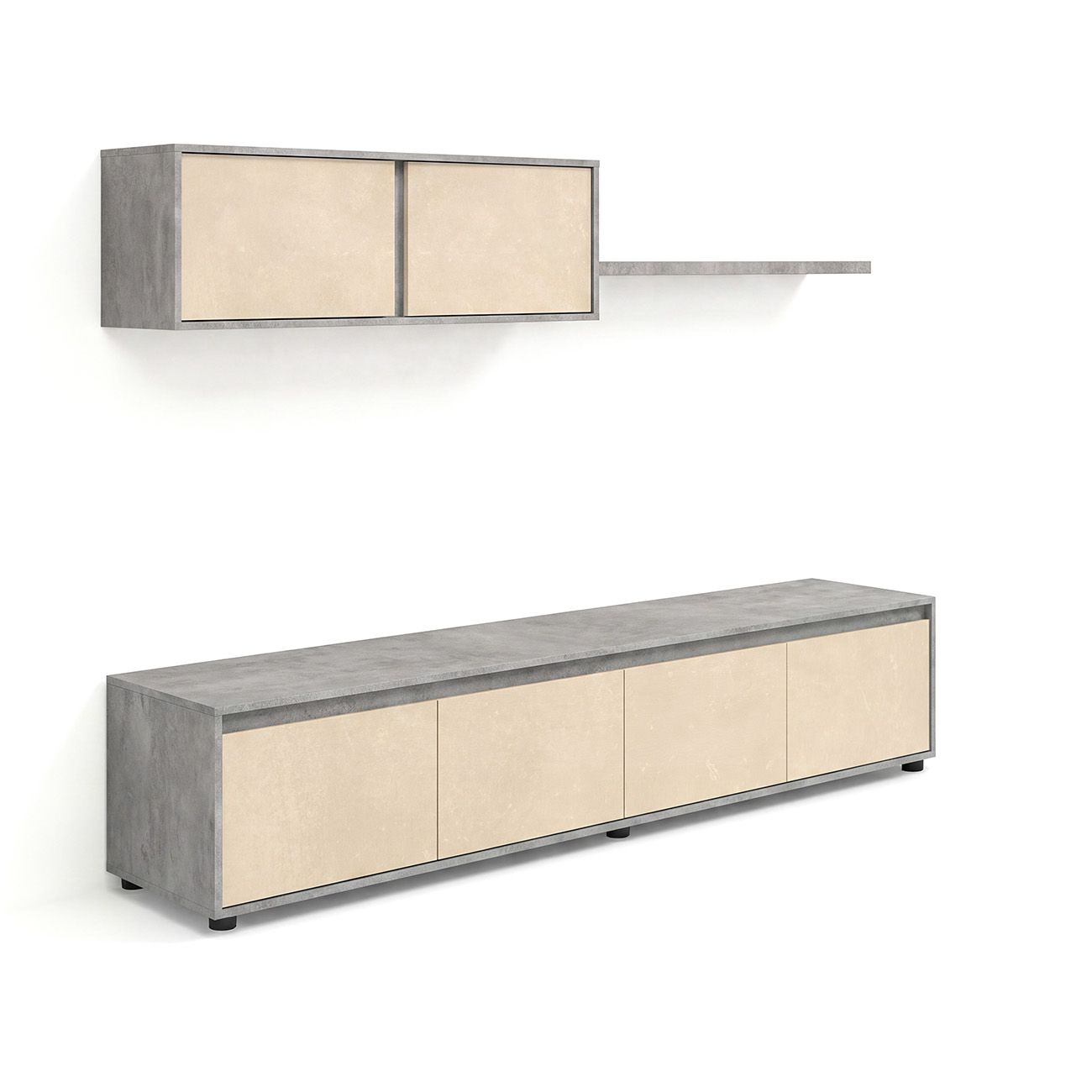 Moderno mueble de TV con aspecto de hormigón gris, frentes beiges, armario superior y un estante largo.