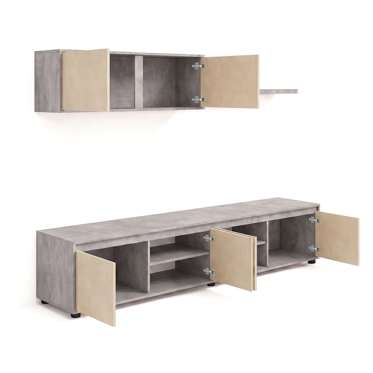 Armario de pared y mueble de TV largo gris con frentes de madera clara y compartimentos abiertos sobre fondo blanco.