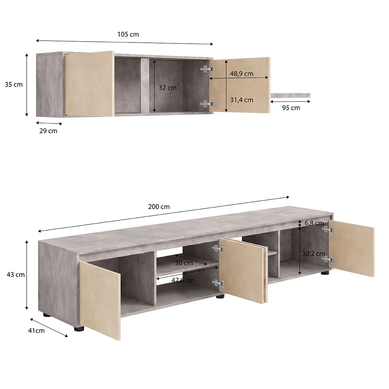Diagrama que muestra dos muebles grises con puertas claras y medidas precisas en centímetros.