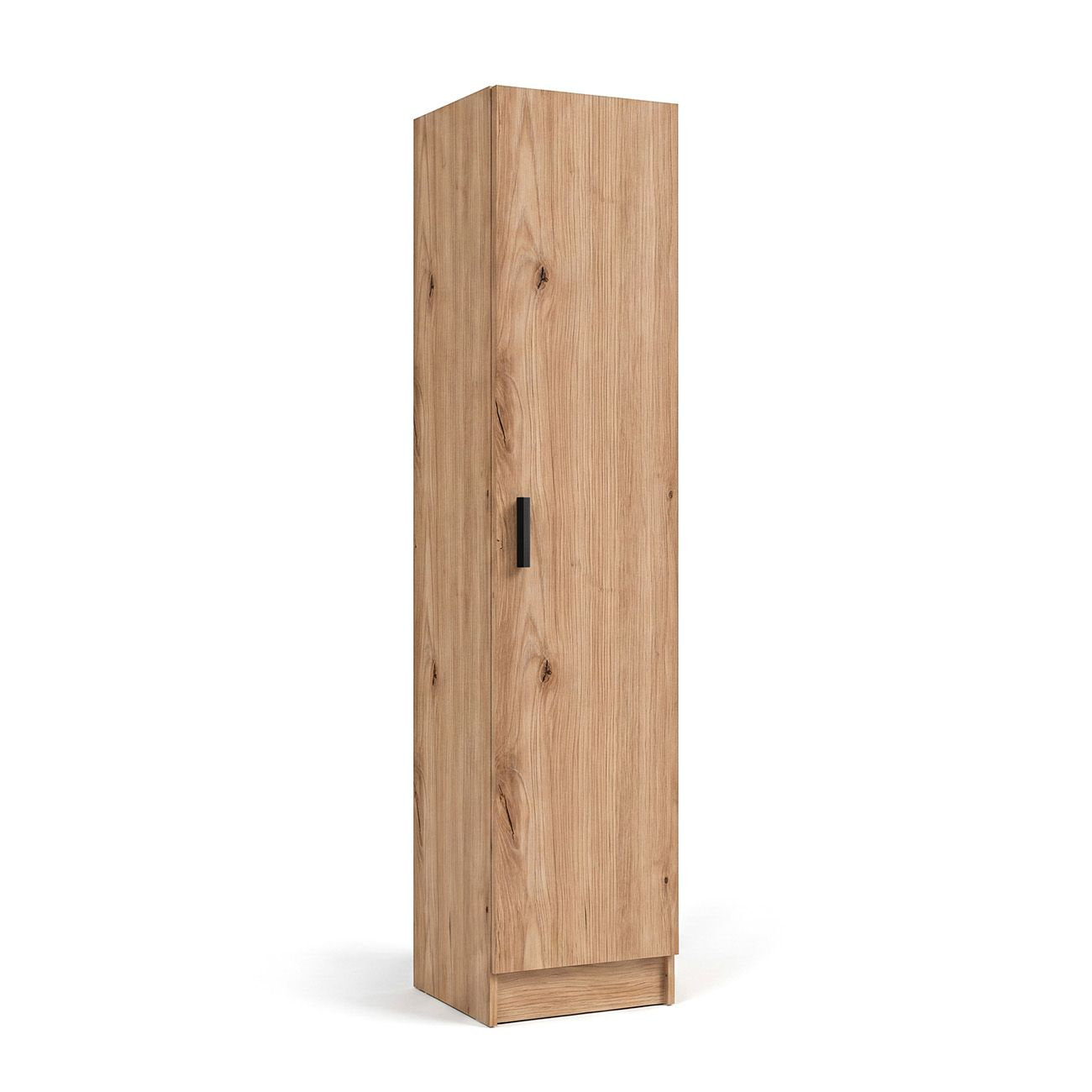 Un armario de madera alto y estrecho con una puerta y un tirador negro sobre fondo blanco.