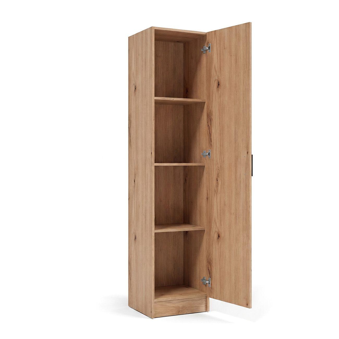 Un armario alto de madera con puerta abierta y varios estantes en el interior sobre fondo blanco.