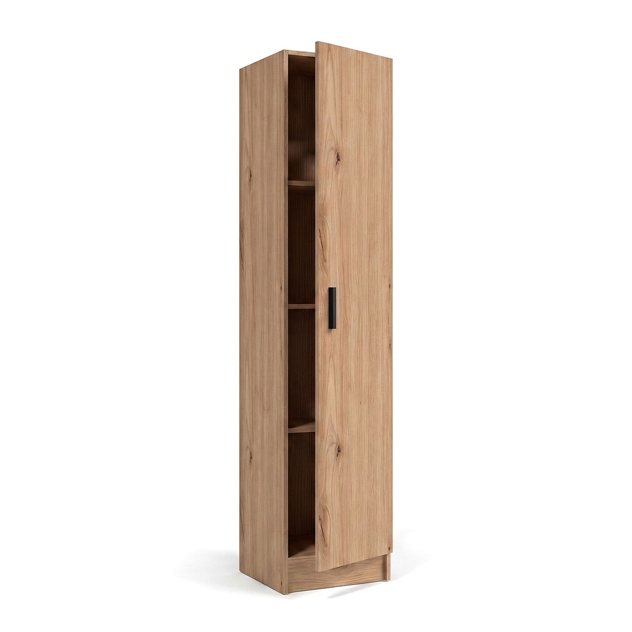 Un armario de madera alto con una puerta parcialmente abierta que muestra estantes interiores.