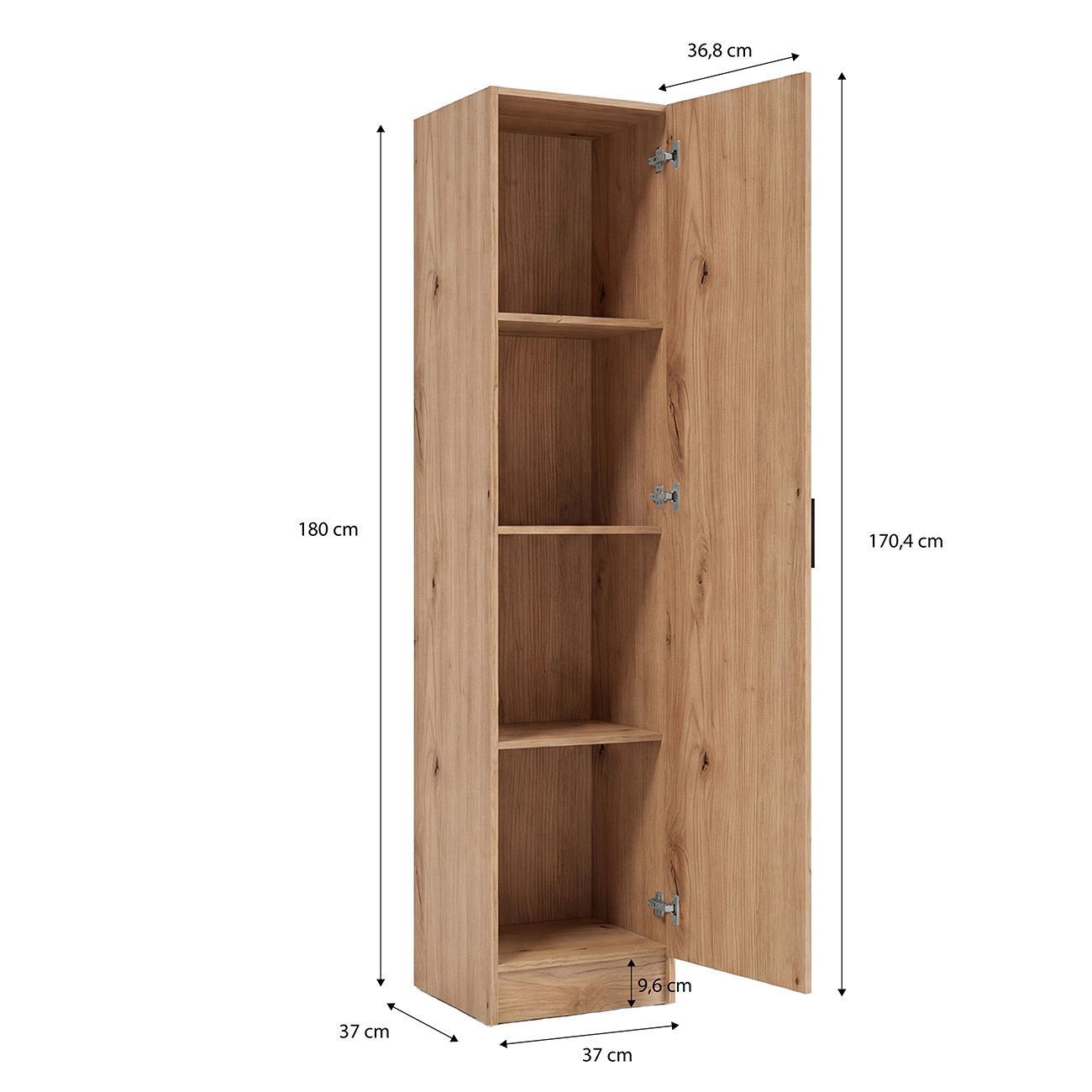 Armario alto de madera con puerta abierta, múltiples estantes y medidas indicadas con flechas.