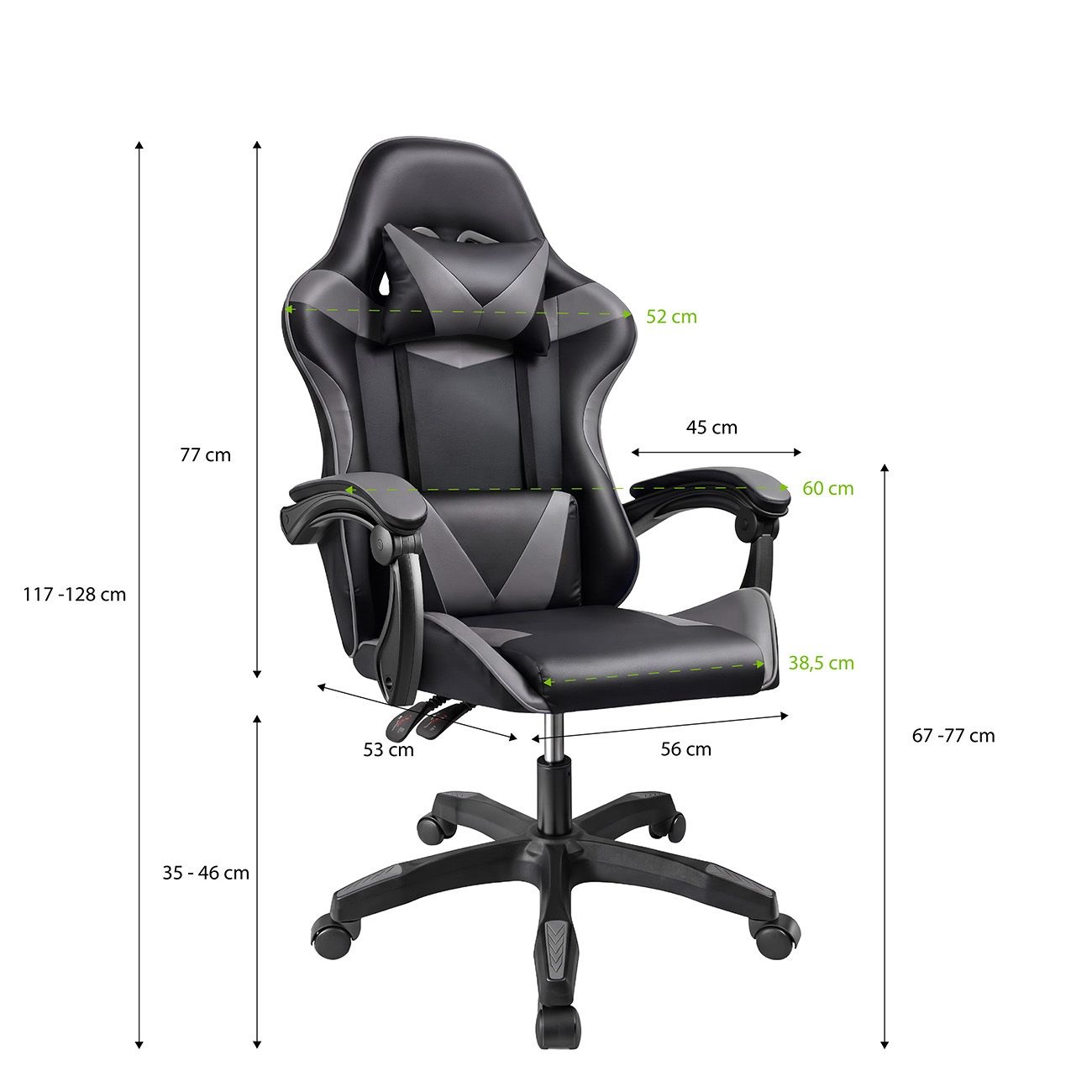 Una silla de juego negra y gris con dimensiones anotadas en centímetros.