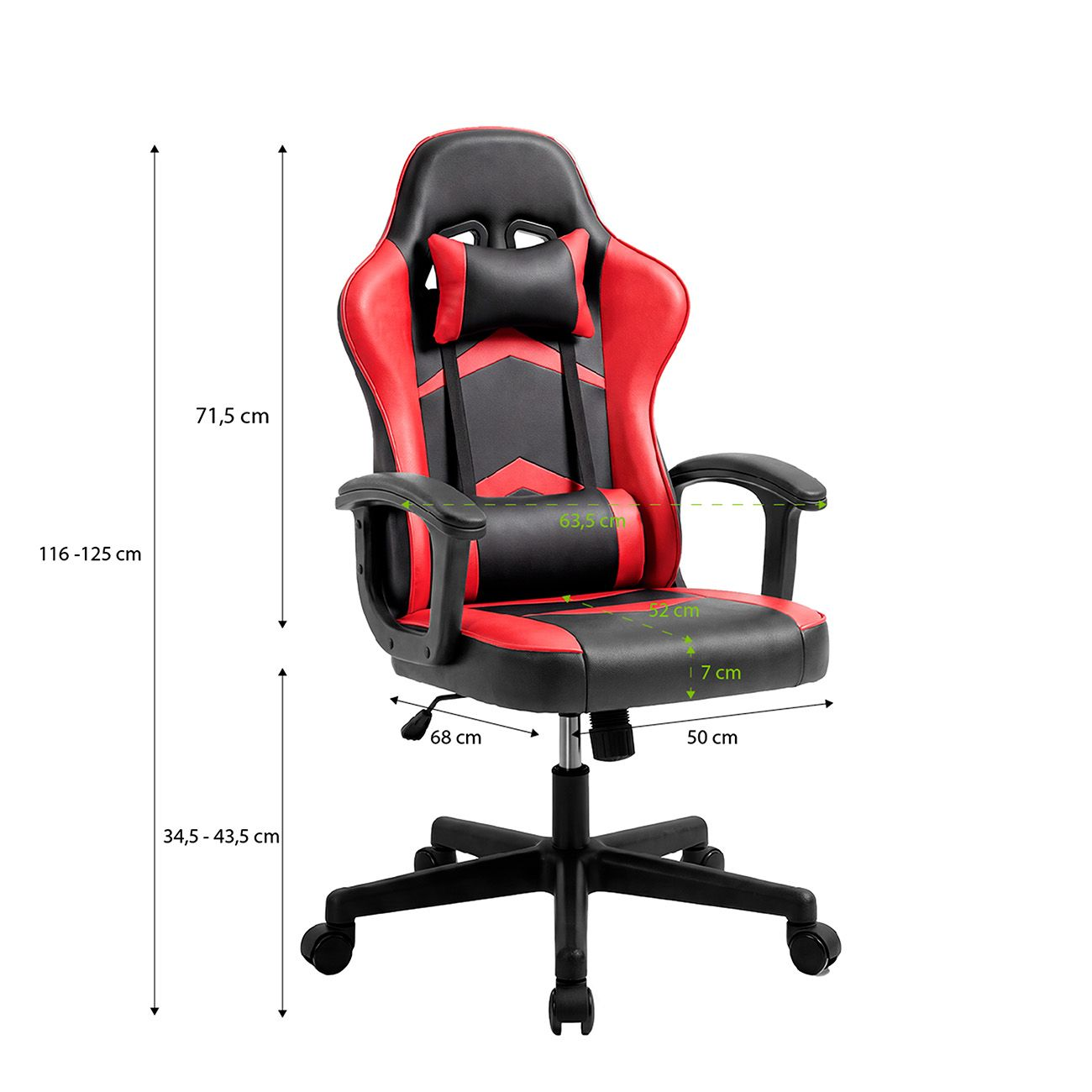 Silla de juego negra y roja con medidas de dimensiones sobre un fondo blanco.