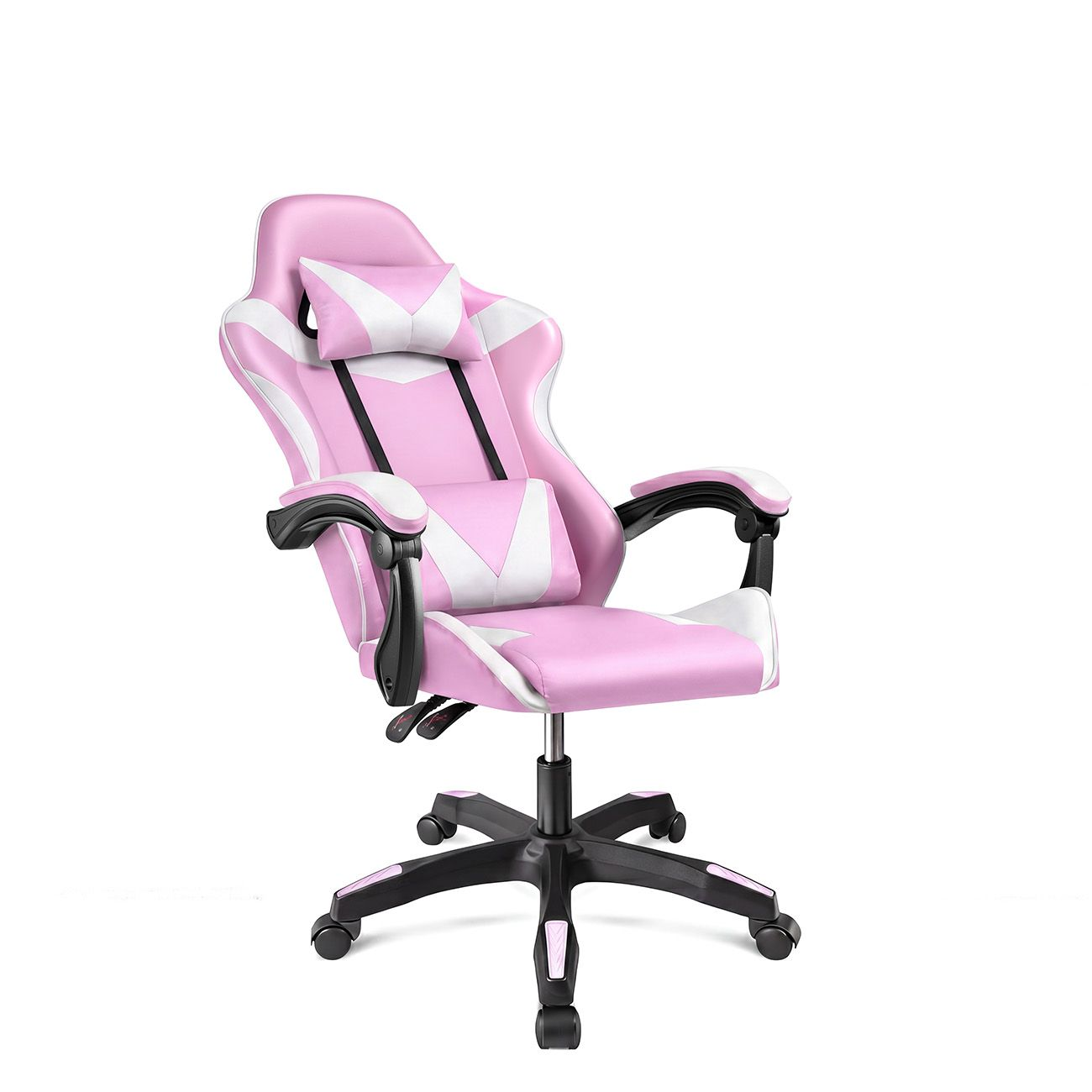 Silla gaming ergonómica rosa y blanca con detalles negros, reposacabezas y cojín lumbar sobre fondo blanco.