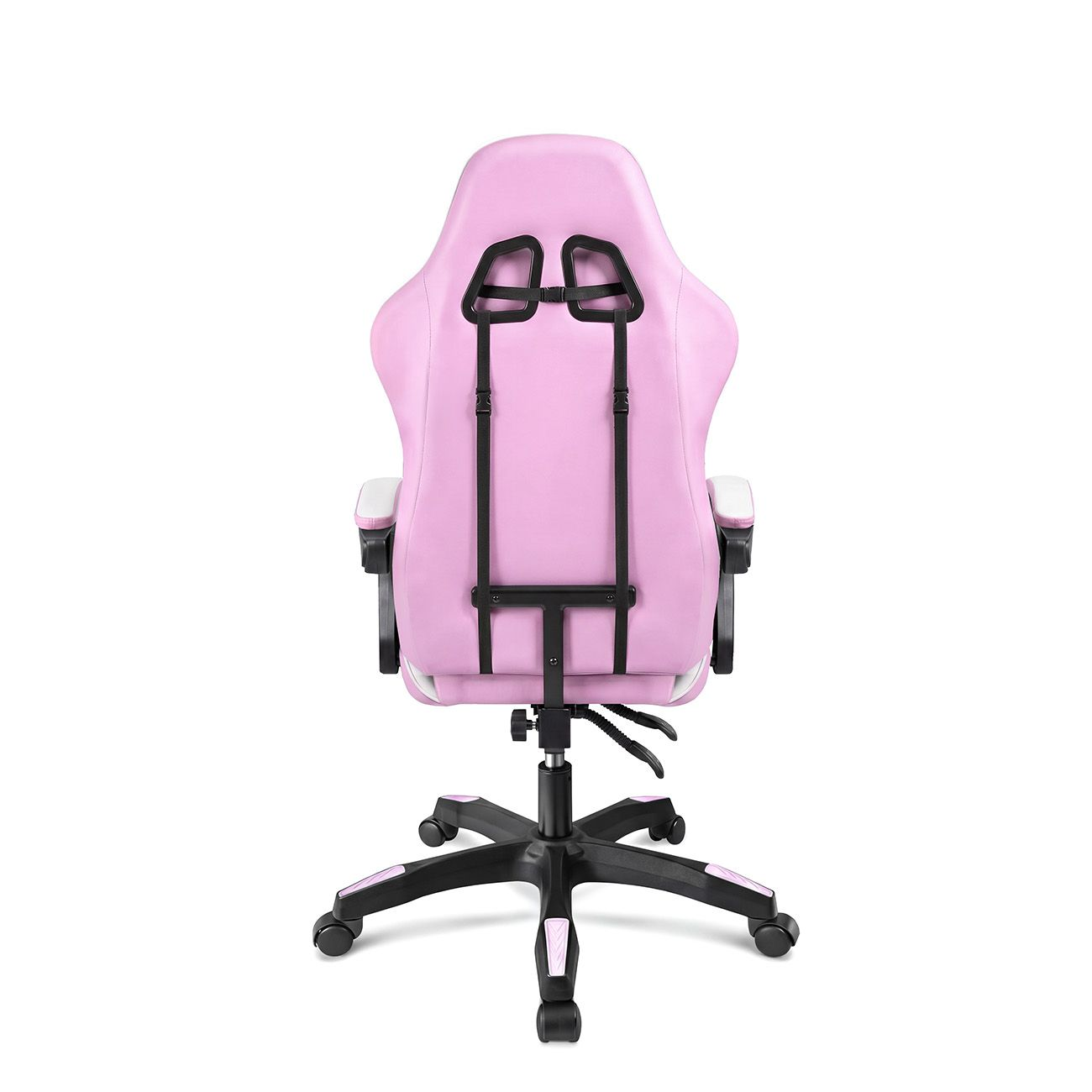 Vista trasera de una silla gamer rosa y blanca con base y correas negras sobre fondo blanco.