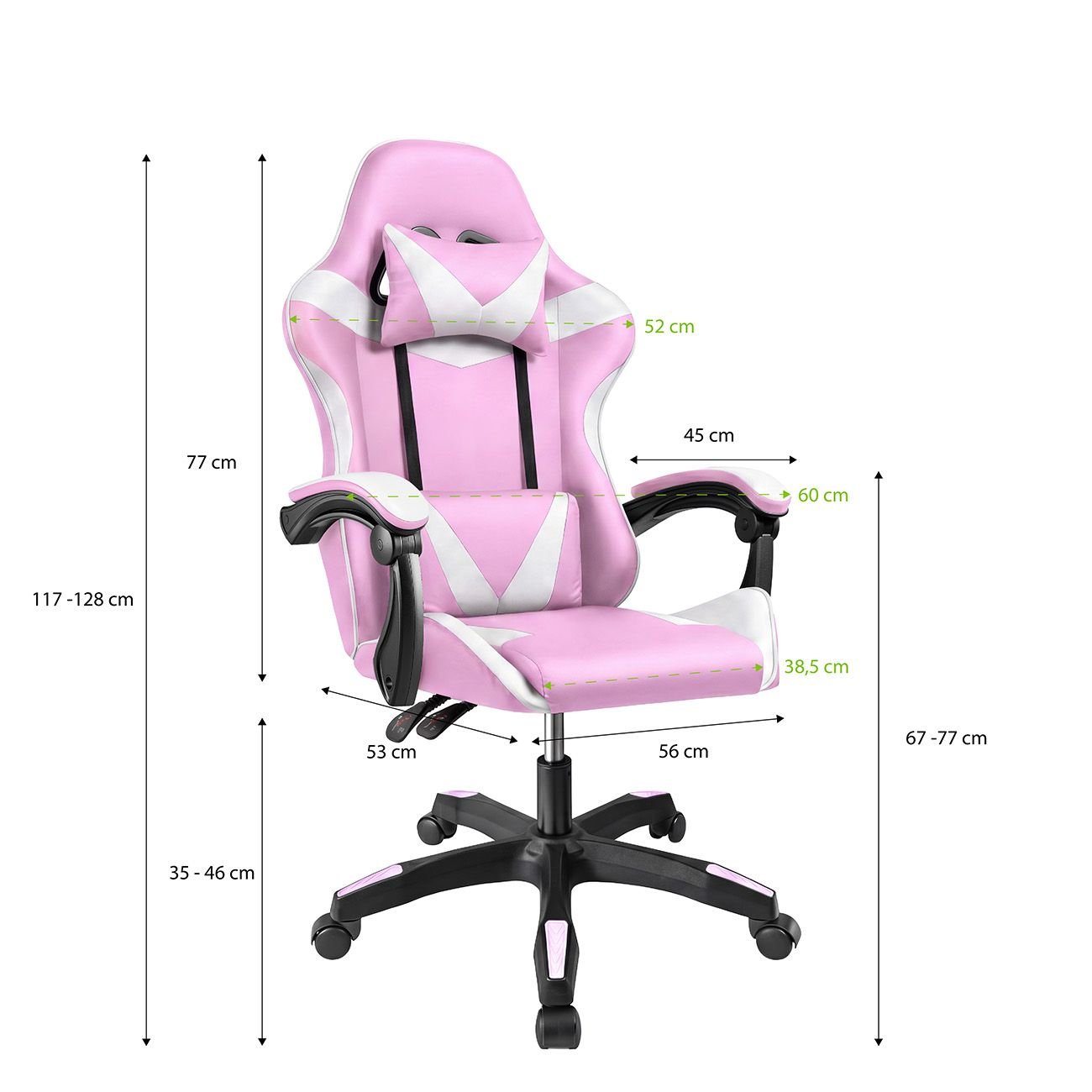 Silla de juego rosa y blanca con medidas de dimensión en blanco.