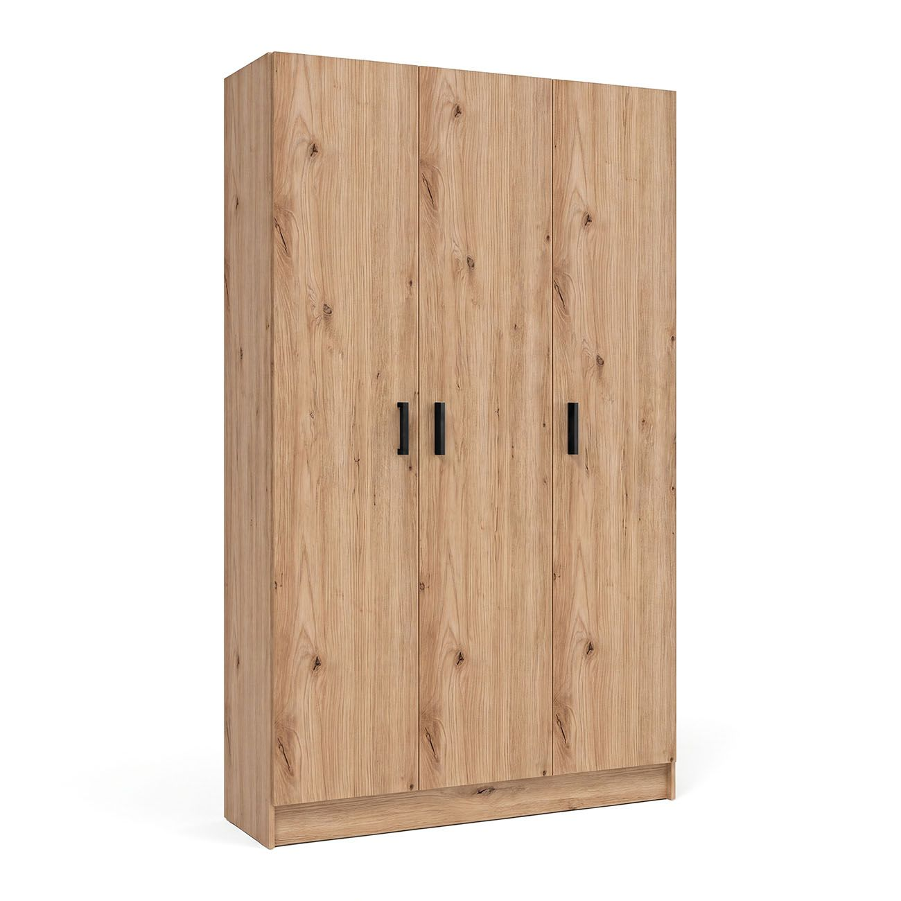 Un moderno armario de madera de tres puertas con veta clara y tiradores verticales negros sobre fondo blanco.