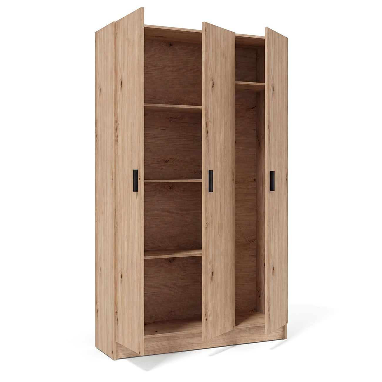 Un armario de madera clara con tres puertas abiertas que revelan estantes sobre fondo blanco.