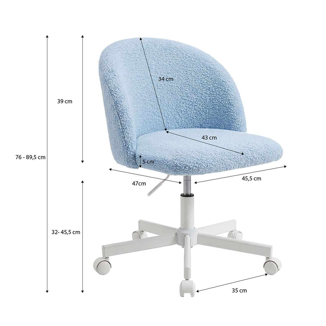 Silla de oficina azul claro con textura peluda, estructura blanca, ruedas y medidas indicadas por flechas.