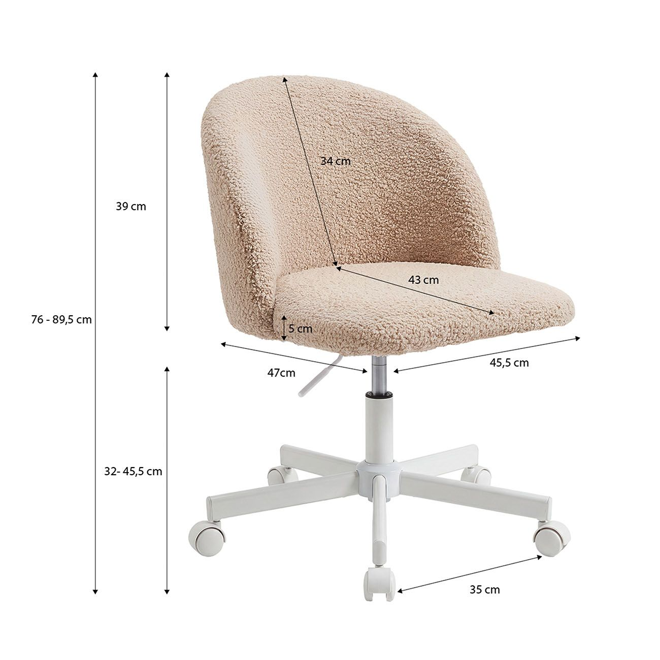 Silla de oficina beige con tela de borreguito, base de metal blanca y dimensiones sobre fondo blanco.