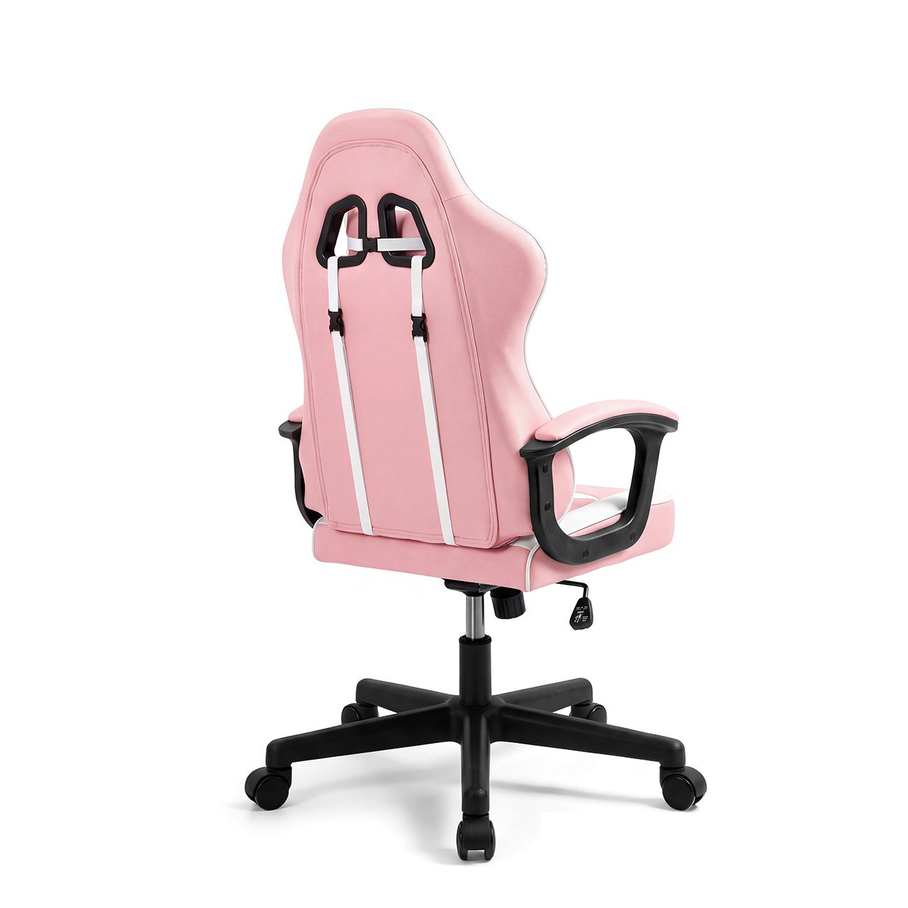 Silla gaming rosa y blanca desde atrás sobre una base negra con ruedas.
