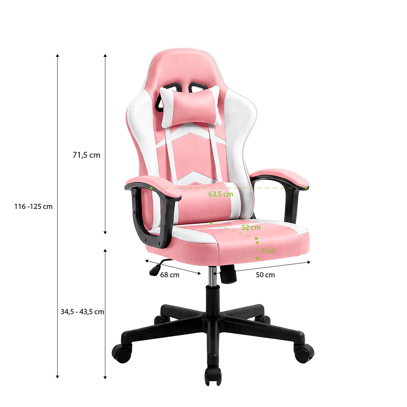 Silla de juego rosa y blanca con medidas sobre fondo blanco.